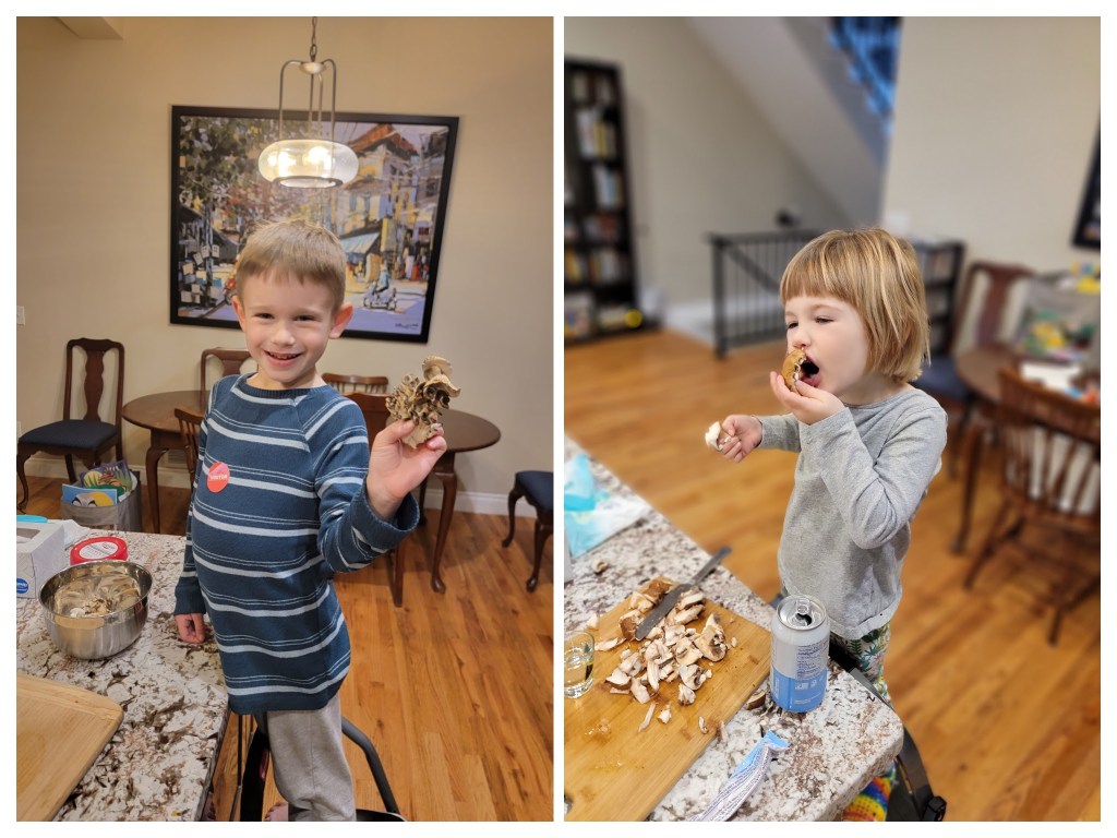 kiddos growing and eating mushrooms